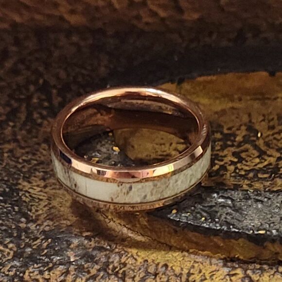 Engraved Men's Real Rose Gold Tungsten Wedding Ring -  Deer Antler Inlay 14K RG - Picture 6 of 7